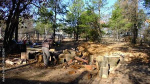 Skinny young adult using ax and brute force trying to split block of wood while processing pile of oak logs into firewood.
