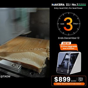 🚨 Almost Gone — Secure Your Perks Now! 💥 Early Bird $899 Ending Soon with $300 Off for a Limited Time! Create with ease using the Makera Z1 — Entry-Level CNC with Pro-Level Power. ✅ Industrial-Grade Accuracy — 0.02 mm precision ✅ Auto Probing & Leveling — Hassle-free setup ✅ One-Piece Cast Frame — Rock-solid stability ✅ Endless Materials — Wood, acrylic, PCB, even aluminum ✅ Quick Tool Changer — Switch tools in seconds ✅ AeroDust™ Collection System — Cleaner, safer workspace ✅ One-Click CAM So