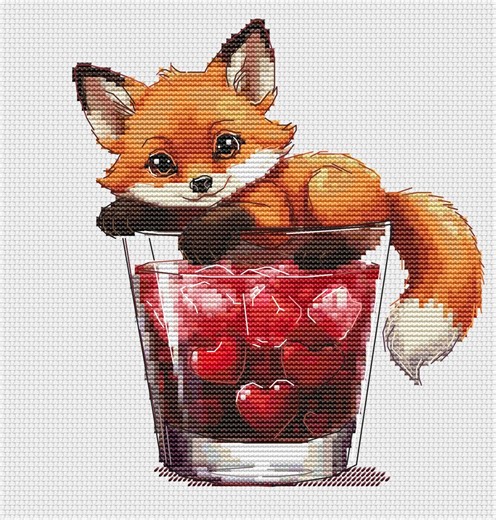Fox Cherry Drink Cross Stitch Pattern | Valentine Cute Animal Embroidery PDF | Modern Cross Stitch Design - Etsy