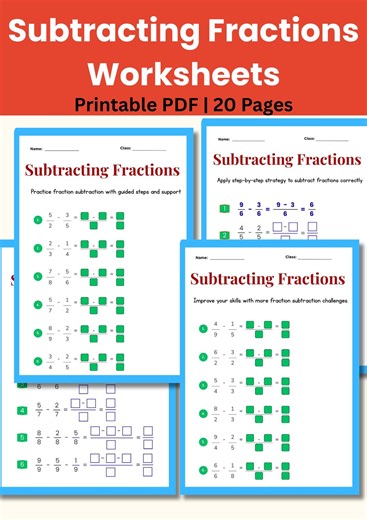 Subtracting Fractions Worksheets – 20 Pages Printable PDF | Math Worksheets for Kids | Fraction Practice 4th 5th Grade