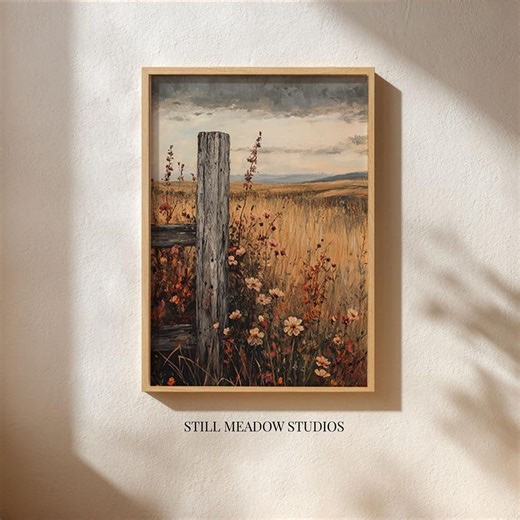 Rustic Fence Post with Autumn Wildflowers - Cottagecore Fall Landscape, Moody Vintage Wall Art, Cozy Farmhouse Printable Download