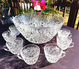 Vintage Anchor Hocking Arlington Punch Bowl Set 12 Cups Daisy and Button Pressed Glass Wedding Entertaining Large 12 Inch Serving Bowl - Etsy
