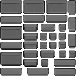 33 PCS Clear Plastic Drawer Organizers Set, 4 Size Desk Drawer Organizer Trays for Makeup, Jewelry, Kitchen Utensils, Gadgets and Office Accessories, Black