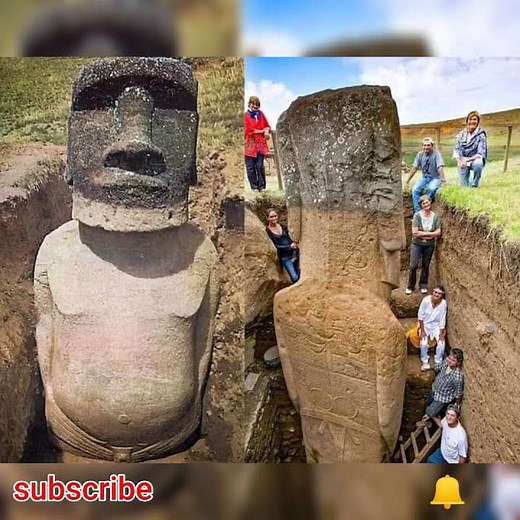 The buried bodies of the iconic Easter Island moai basalt statues... description...