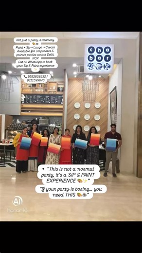 “Recently, we hosted a beautiful Paint & Sip Party at a chai bar. And not just chai bars — we organise creative paint parties for corporates, birthdays, kitty parties, and private celebrations. If you want to make your party unique, fun, and memorable, you can invite us anywhere in Delhi NCR. We bring all the art material, guide everyone step by step, and turn your party into a creative experience.” (End with smile gesture) “DM us to book your Paint Party 🎨✨ • wall painting • cafe art • chai ba