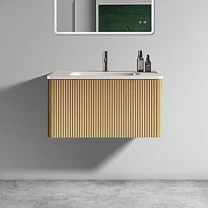 30 inch Bathroom Vanity with Ceramic Sink, Modern Floating Single Sink Bathroom Vanity, 30" Wall Mounted Striped Oak Bathroom Vanity Cabinet with Soft Close Drawer & U Shape Wall Fitting