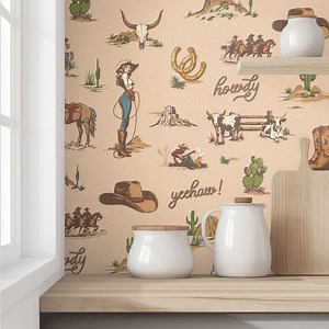 Vintage Americana Western Wallpaper HALF DROP (LARGE) | Rustic Cowboy, Horses and Desert Icons | Peel & Stick and Pre-pasted Wallpaper - Etsy