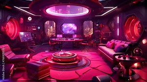3D rendering of the interior of a fantasy space station with a lot of equipment, A futuristic gaming room with an abundance of gaming equipment is presented in 3D rendering, AI Generated