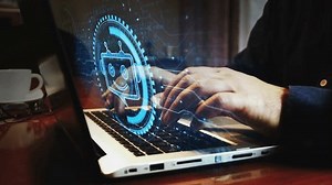 Chatbot ai online assistant support and artificial intelligence chat bot symbol and man typing computer keyboard. Hands on laptop. Network, cyber technology and background abstract concept.