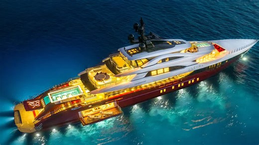 Inside a megayacht with a two-story pool