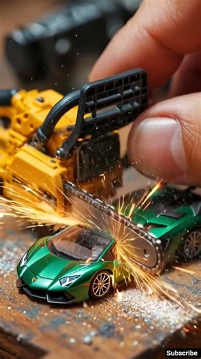 a ultra mini chainsaw cutting a extreme mini lamborghini car