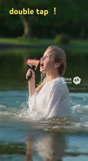 A female news anchor falling into a pond.