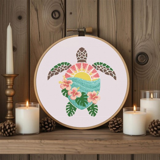 Tropical Turtle Cross Stitch Pattern | Sunset Embroidery Design (PDF Pattern) - Etsy