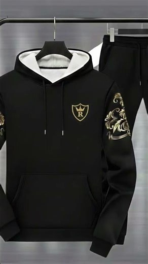 Men’s Premium Black Fleece Hoodie Track Suit–2 Pcs Winter Set with Gold Crest#xstyle #camocollection