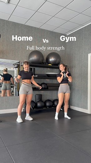 Zoë & Emily on Instagram: "Resistance band vs Gym - full body strength 🔥 Want to level up your home workouts? Grab yourself a long resistance band and follow along to this workout with us! Want access to all of our resistance band workouts just like this one? Head to the link in our b!o to access our “train your way library” 🏋🏼‍♀️🏡 Wearing @vqfitwomen dc: ZOANDEM to save 10% !🫶🏼 Workout details ⬇️ - Banded bicep curls vs DB bicep curls - SA banded lateral raise vs DB lateral raises - Band