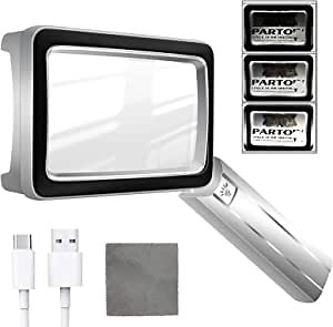 4X Rechargeable Magnifying Glass with Light, Magnifying Glass for Reading, 16 LED Lights, 3 Adjustable Brightness Modes, Hand Held Magnifying Glass for Reading