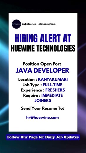 Hiring Alert | Java Developer Fresher Jobs | Huewine Technologies | Kanyakumari | Immediate Joiners