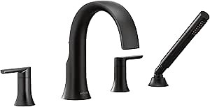 Moen TS983BL Doux Two-Handle High Arc Deck-Mount Roman Tub Faucet Trim with Handshower, Valve Required, Matte Black