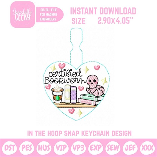 Certified Bookworm Keychain Embroidery Design Instant Download Machine File - Etsy