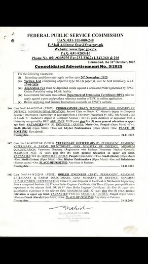 FPSC Advertisement no 5/2025 Last date is 24 November 2025 For more details join our Whatsapp Instagram messenger links 👇 https://whatsapp.com/channel/0029Va85IlbJuyABhMs90O06 Instagram https://www.instagram.com/fpsc.job?igsh=ajdzODJlOGwwMm8= Messenger https://www.messenger.com/channel/100089252885907 | Federal Public Service Commission - FPSC Jobs & Updates