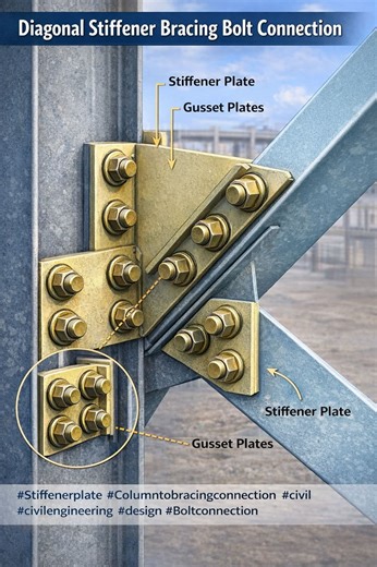 🔩 Diagonal Stiffener Bracing Bolt Connection 🏗️ This detailed visual showcases a steel column-to-diagonal bracing connection commonly used in structural steel design. The image highlights how stiffener plates and gusset plates work together to safely transfer axial and shear forces from the diagonal brace into the main column. High-strength bolted connections are clearly visible, demonstrating proper bolt spacing, edge distances, and load distribution. The stiffener plates enhance rigidity at 