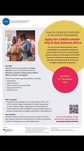 ⏰✍️ Application deadline: 27 November 2025 The German Academic Exchange Service (#DAAD) is offering In-Country/In-Region Scholarships 🎓 for various Master’s and PhD programmes to 👩‍🎓 students from Sub-Saharan African countries at selected institutions 🏫 across a wide range of disciplines, including: Engineering, Natural Sciences, Public and Environmental Health, Agricutural Sciences and Social Sciences. Further details can be found on the DAAD Scholarship Database and the programme website: 