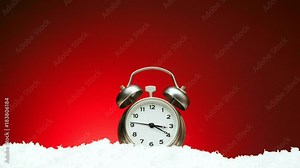 Countdown from twelve to twelve. Video countdown to midnight holiday christmas xmas new year Greeting footage for new year alarm clock on snow on red background with place for congratulatory text 1080 Stock Video