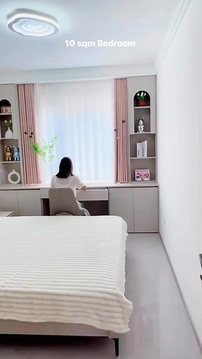 a small bedroom designed with a desk and bookcase by the window, and a large wardrobe against the wall. • • #ChildrensRoom #Bedroom #homerenovationideas #RenovationTips | Tiffany Design Studio