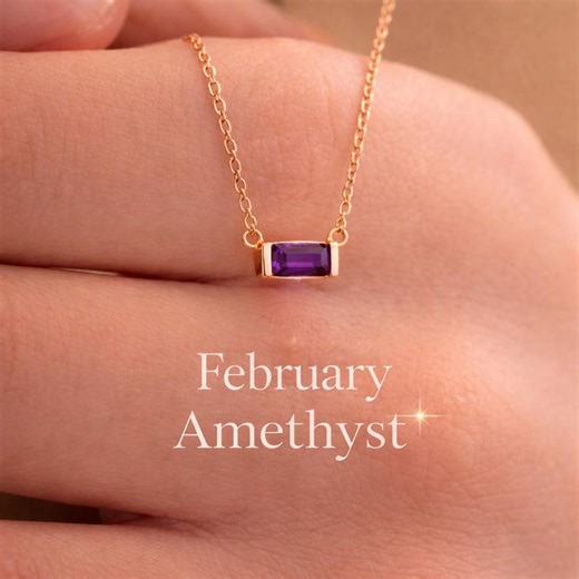 Amethyst Birthstone Necklace, February Necklace, Dainty Gold Silver Rose Gold Necklace, Minimalist Baguette Jewelry, Gift for Her - Etsy