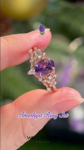 Natural Amethyst Engagement Ring Set in Solid Gold | Flower Inspired Purple Gemstone Ring