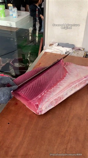 Giant bluefin tuna belly fine trim for sushi prep 🔥 #BluefinTuna #SushiPrep #Otoro