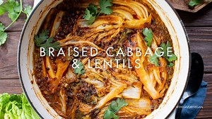 This Braised Cabbage & Lentils recipe is perfection! Napa cabbage is cooked in a coconut curry sauce with lentils until super tender! | This Savory Vegan