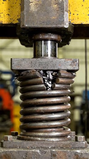 A press flattening a metal spring, twisting #shorts #satisfying