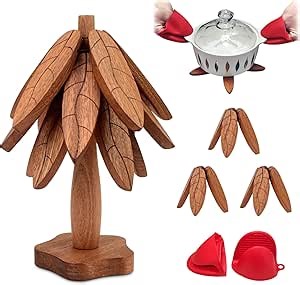 Trivets for Hot Dishes,hot Pads for Kitchen，Wooden trivets for hot Dishes，Tree Shape Trivet Set,3 Wooden Trivets + 1 Stand +2 Oven Mitts，stored Like a Christmas Tree