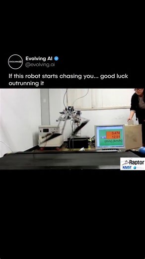 Evolving AI on Instagram: "It runs faster than elite human sprinters 😲⚡️ It’s called Raptor, a two-legged robot built by the MSC Lab at KAIST. It uses lightweight materials, spring-like mechanics, and a tail-inspired balance system to hit around 46 km/h on a treadmill — quicker than the fastest recorded human sprint speed. The design takes cues from how velociraptors moved to focus on speed and agility. What do you think about robots moving this fast? 🤔💬 🎥: KAIST 