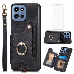 Asuwish Phone Case for Motorola Moto G 5G 2025 Wallet Cell Cover with Tempered Glass Screen Protector Slim Lanyard Wrist Strap RFID Ring Stand Credit Card Holder Slot G5G 5 G G5 Women Men Black