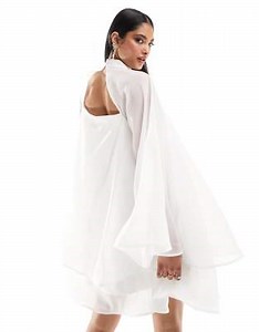 YAS Bridal sheer floaty mini dress with exaggerated sleeves in white - WHITE | ASOS