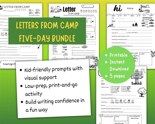 PRINTABLE 5-day Camp Letters Bundle, Kids Summer Camp Letters, Sleepaway Camper Notes Home, Camp Activities, VBS Easy Stationary, - Etsy