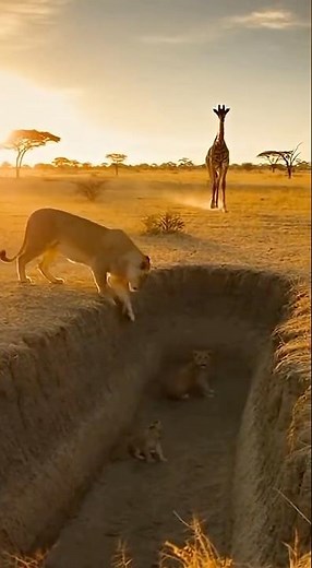 Giraffe Rescues Lion Cub From Pit Returns Baby to Grateful Mother 😭🦒🦁