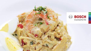 1.6K views · 23 reactions | A twist to the traditional laksa recipe, savour the creaminess of coconut milk and fragrant spices with gluten-free brown rice pasta. Topped with juicy tiger prawns and hard-boiled eggs, this a great alternative to try for laksa lovers. Get the recipe here! #LivingWithBosch | Bosch Home | Facebook