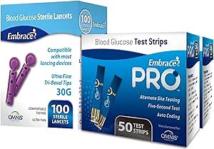 100ct Embrace Pro Blood Glucose Test Strips with 100ct 30g Lancets