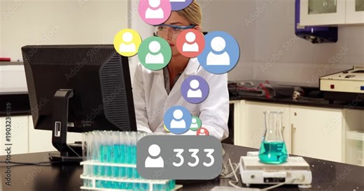 Woman lab worker checking screen, user icons appearing, growing over rack and face, tracking reach