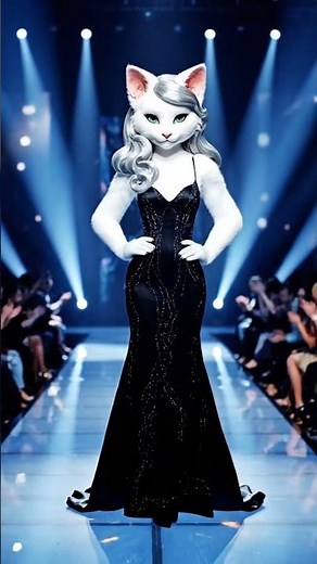 “Glamorous 3D Cat Ramp Walk &Luxury Dining|Stylish Anthropomorphic Cat in Black Dress Cinematic Art”