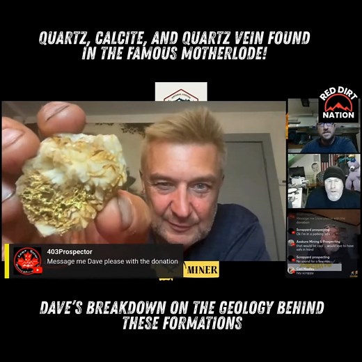 Quartz, calcite, and quartz vein found in the famous Motherlode! Check out Dave’s breakdown on the geology behind these formations — and how this stunning crystallized gold in quartz was discovered. #GoldMining #CrystallizedGold #QuartzVein #Motherlode #GoldProspecting #Geology #GoldMiner #GoldInQuartz | Goldbay Private Reserve
