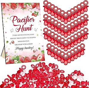 Thyle 51 Pcs Pacifier Hunt Baby Shower Games Include Hunt Sign and 50 Acrylic Pacifiers for Baby Shower Game Decoration Gift Sets Gender Reveal Party Decor(Strawberry)