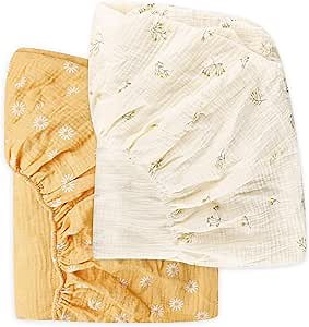 Muslin Crib Sheets 2 Pack for Girl & Boy, HNHUAMING Soft and Breathable Baby Crib Sheet, Neutral Baby Sheets Fitted Standard Crib & Toddler Bed Mattress 52" X 28" (Daisy +Floral)