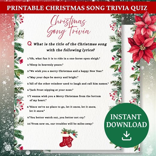 Christmas Song Trivia Game,printable Carol Quiz,party Game ,instant Download With Answer Key - Etsy