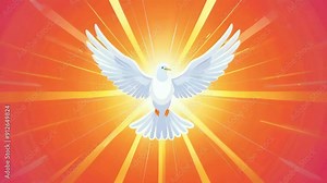 holy spirit as a white dove in rays of light, symbolizing Christian enlightenment and peace in cartoon flat design style animation -- 4k stock video footage AI