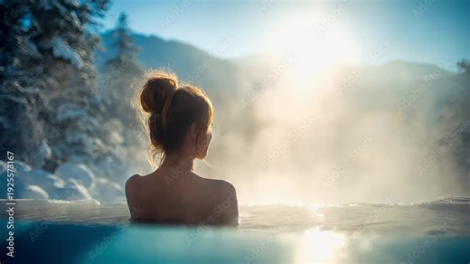 Geothermal hot springs resort, spa, bath pool, winter relaxation vacation theme. A woman in a hot spring, her back to the viewer, gazing into the distance with a serene expression.