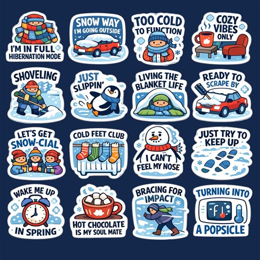 Winter Humor Sticker Set | 16 Funny and Motivational | Cozy Cold Quotes | Printable Digital PNG - Etsy